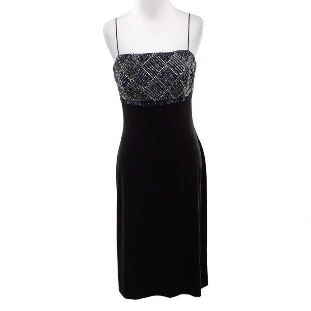 JS Boutique 90s Black‎ Velvet Silver Beaded A Line Gown Womens 8 Midi Prom Dress